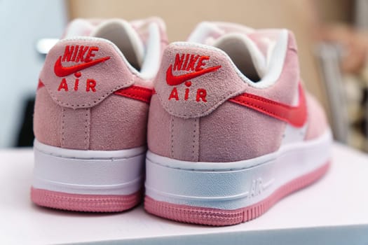 Tyumen, Russia-August 10, 2023: Nike Air Force sneakers for Valentines Day. A new version of sports shoes, presented in 1982.