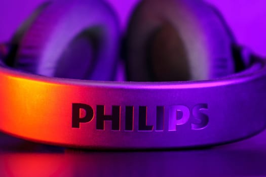 Tyumen, Russia-August 08, 2023: Philips SHP9500 headphones. Philips N.V. is a Dutch technology company headquartered in Amsterdam