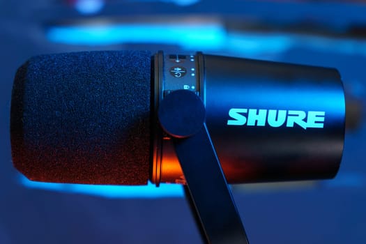 Tyumen, Russia-August 08, 2023: Shure logo was founded by Sidney N. Shure in 1925 as The Shure Radio Company