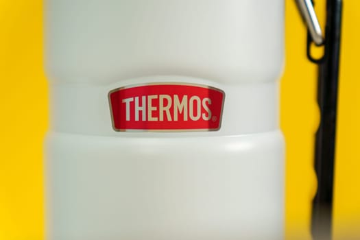 Tyumen, Russia-August 08, 2023: THERMOS is a universally manufactured trademark that gave the initial product for the production of isothermal products