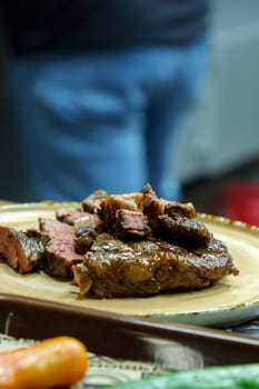 Juicy medium rare skirt steak, grill and barbecue, meat restaurant menu. Vertical photo