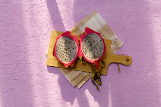 Pitaya, dragon fruit and exotic tropical fruits, asian thailand healthy fruit concept. Flat lay