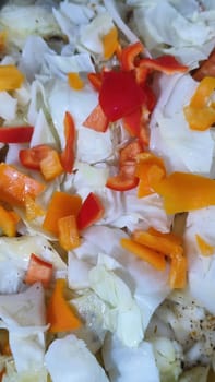 white cabbage and red bell pepper cut for salad or soup, food fresh vegetables. High quality photo