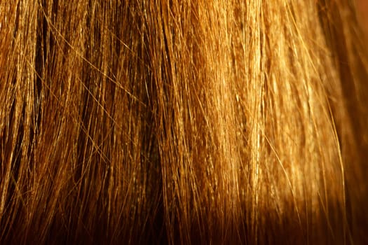 Brown hair close up as a background, styled wavy shiny curls. Selective focus