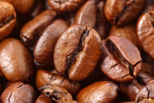 Coffee beans close-up macro. Selective focus. Texture