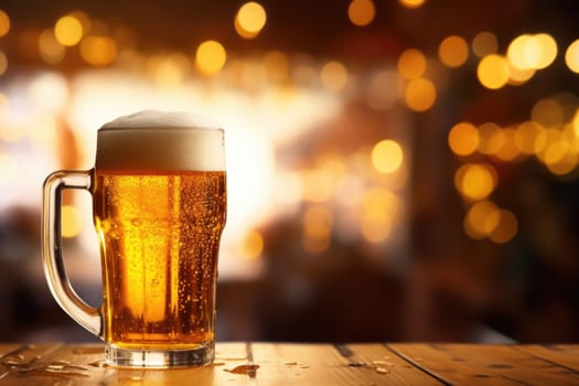 A glass of beer with a handle on a wooden tabletop on a blurred background.