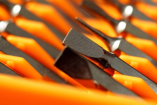 Set of screwdriver tools close-up macro. Selective focus