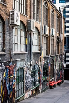 MELBOURNE, AUSTRALIA - MARCH 26, 2023 - Architectural details in Melbourne's AC/DC Lane on a cloudy overcast day in Melbourne, Victoria, Australia