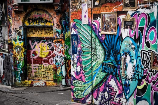 MELBOURNE, AUSTRALIA - MARCH 26, 2023 - Architectural details in Melbourne's Hosier Lane on a cloudy overcast day in Melbourne, Victoria, Australia