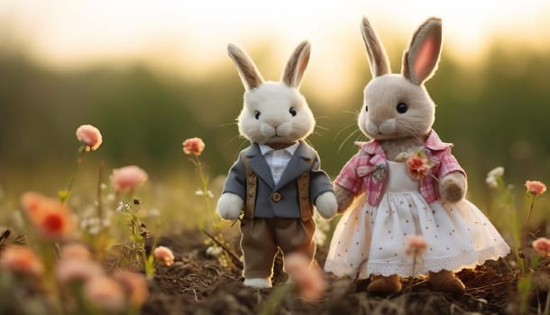 Greeting card, Valentine's Day. Toy loving bunnies in retro clothes on a field among flowers. AI generated.