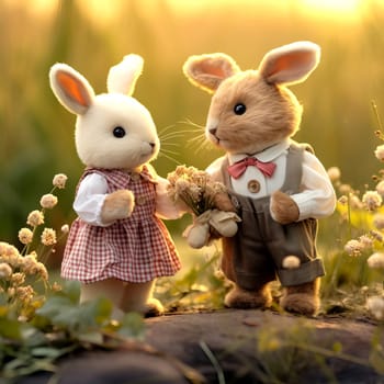 Greeting card, Valentine's Day. Toy loving bunnies in retro clothes on a field among flowers. AI generated.