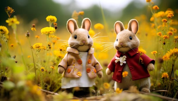 Greeting card, Valentine's Day. Toy loving bunnies in retro clothes on a field among flowers. AI generated.
