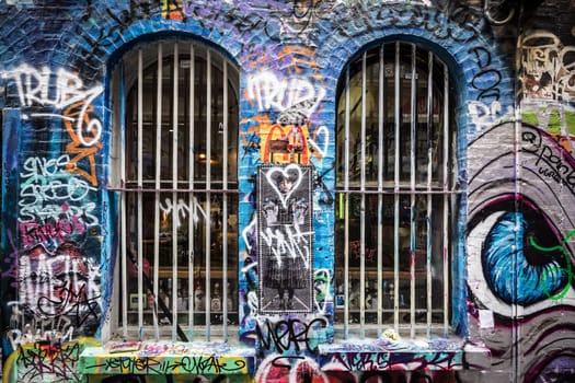 MELBOURNE, AUSTRALIA - MARCH 26, 2023 - Architectural details in Melbourne's Hosier Lane on a cloudy overcast day in Melbourne, Victoria, Australia