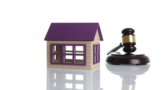 A judge hammer with miniature house isolated on a white background, the subject decision making in the real estate sphere of the hereditary inheritance strong will or property
