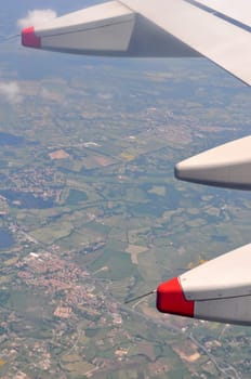Aerial view from a flying plane in the sky