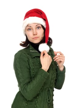 Girl in red cristmas hat on white background