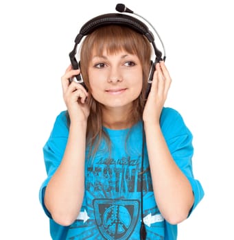Girl in earphone smiles, portrait isolated on white