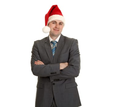 Man in gray suit with tie in hat santa on white background