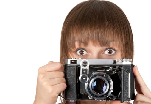 Portrait young girl with old analog photo by camera on white background
