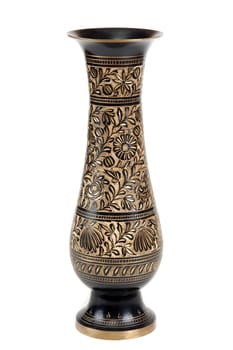 Brass vase with pattern on white background