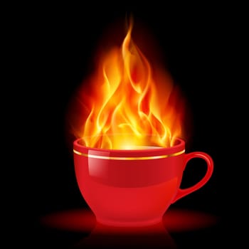 Coffee or tea cup with fire. Illustration on white background