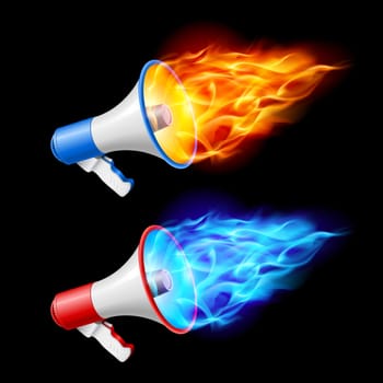 Megaphones in red and blue flame. Illustration on black background