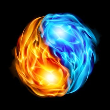 Symbol of yin and yang of the black background in the form of red and blue fire