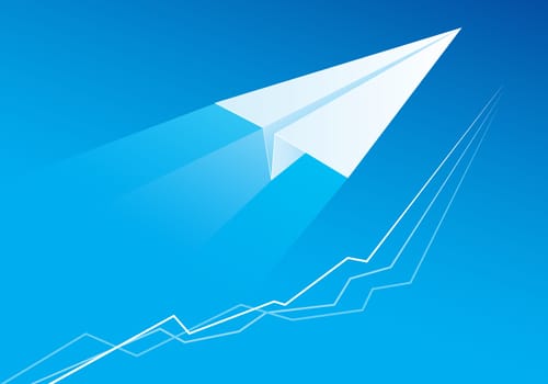 Flying Paper Airplane. Illustration for design on blue background
