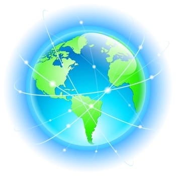 Globe with wired orbits of satellite. Illustration on white