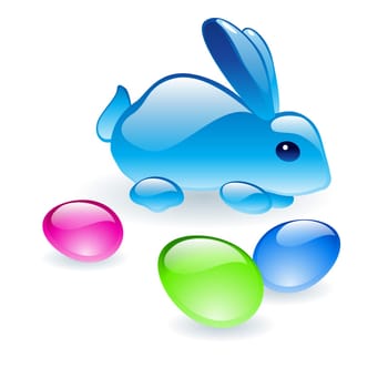 Glass Bunny with glass Easter Eggs. Illustration on white background