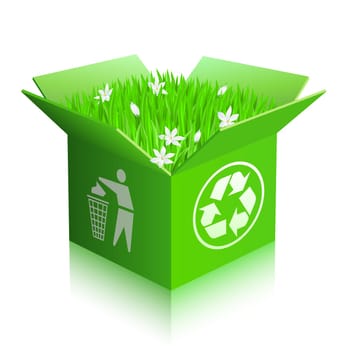Open recycle shipping box with grass and flowers. Isolated