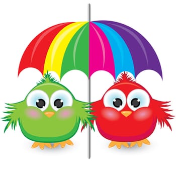 Two cartoon sparrow under the colorful umbrella. Illustration on white background