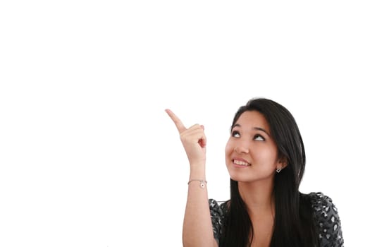 happy smiling young business woman showing blank area for sign or copyspase, isolated on white background