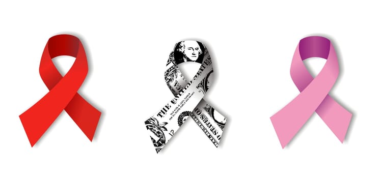 Aids and Breast Cancer Ribbons with a textured dollar ribbon between them. concept of equal rights to health care. White background. Vector file