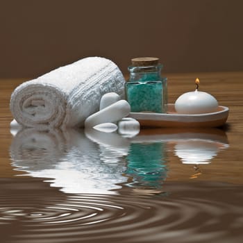 Still life about SPA with hygiene and decorative items.
