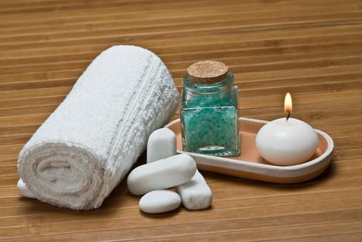 Still life about SPA with hygiene and decorative items.