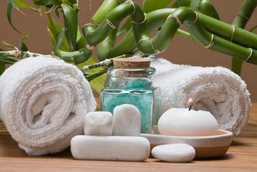 Still life about SPA with hygiene and decorative items.