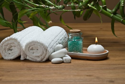 Still life about SPA with hygiene and decorative items.