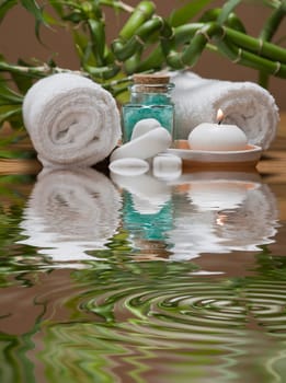 Still life about SPA with hygiene and decorative items.