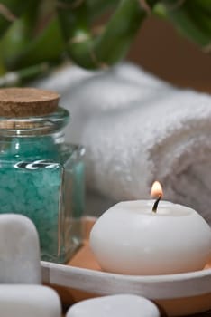 Still life about SPA with hygiene and decorative items.