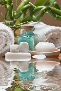Still life about SPA with hygiene and decorative items.