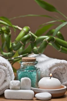 Still life about SPA with hygiene and decorative items.