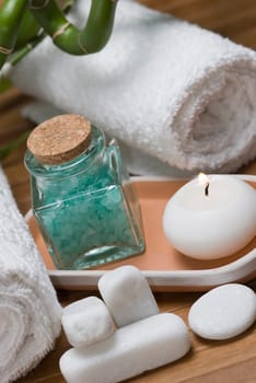 Still life about SPA with hygiene and decorative items.