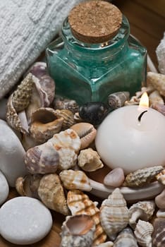 Still life about SPA with hygiene and decorative items.