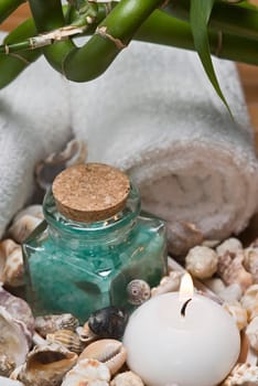 Still life about SPA with hygiene and decorative items.
