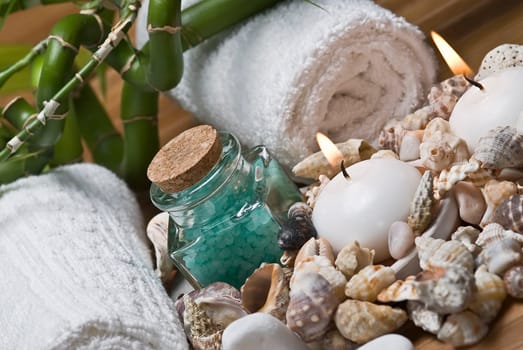 Still life about SPA with hygiene and decorative items.