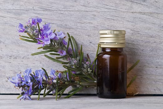 Rosemary branches and a bottle of rosemary essence on an old wooden shelf.