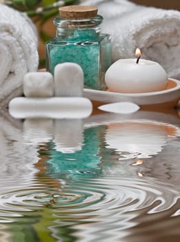 Still life about SPA with hygiene and decorative items.