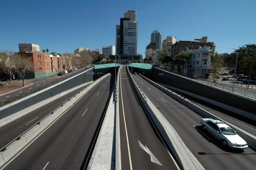 photo taken from a pedestrian bridge, tunnel in Sydney