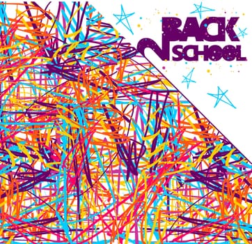 Back to school grunge background. Colorful texture of intersecting lines and blue stars on white